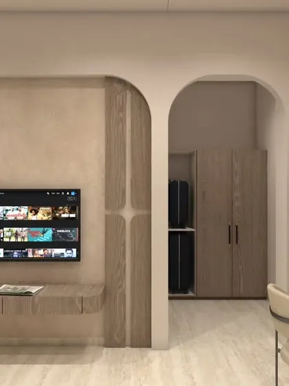 A 3D render showing a minimalist TV unit with arched architectural details, which continue into the rest of the room for a cohesive design.