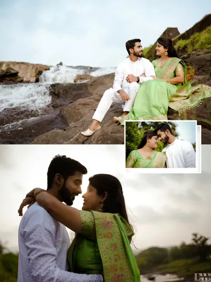 A beautiful blend of nature and tradition. The couple, dressed in elegant ethnic wear, shares a quiet moment by a cascading waterfall, creating a serene and romantic scene.