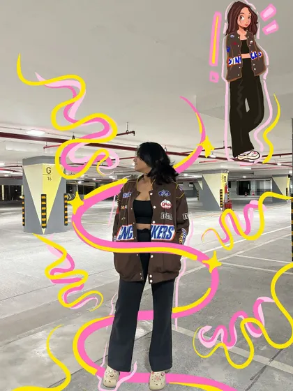 Bringing some fall vibes with this edgy look. The cartoon version adds a pop of color and energy to the parking garage photo.