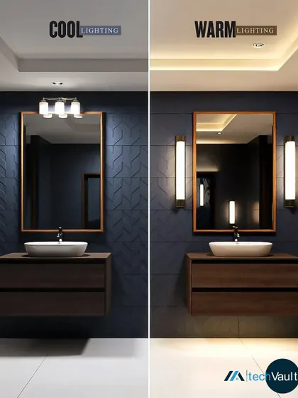Cool or warm? You decide. This split image of a modern bathroom demonstrates how tunable lighting can completely change the look and feel of a space, from energizing to relaxing.