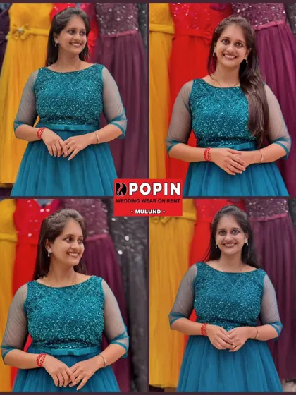 A collage showing different poses in the beautiful teal blue gown. It highlights the flattering fit and the way the color stands out against the backdrop of other outfits in my store.