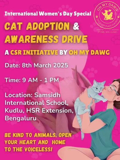 Our poster for the International Women's Day special cat adoption drive. We believe in celebrating compassionate women and finding homes for our voiceless friends.