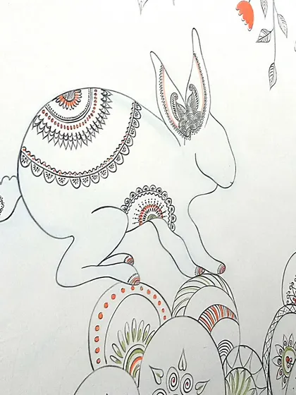 A rabbit with intricate patterns on its body, part of the staircase animal procession. These small details are what make a wall come alive.