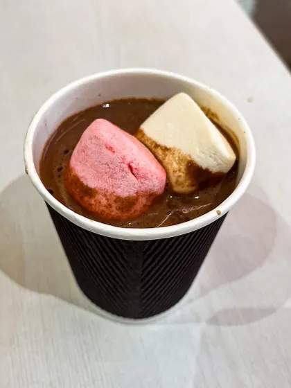 A close-up of our rich hot chocolate, topped with colorful marshmallows. It's the perfect treat for a monsoon day.