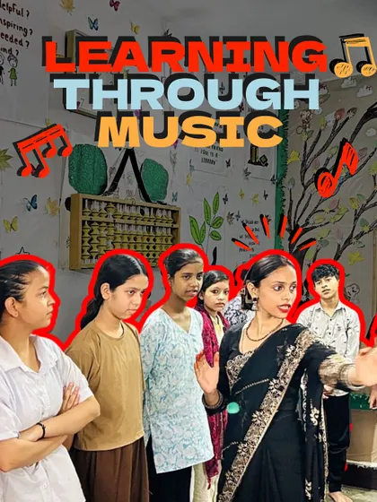 A fellow leads a vocal session at the "Cooperative Outreach of India" center. These after-school programs provide a crucial space for children to engage in creative activities and thoughtful discussions.