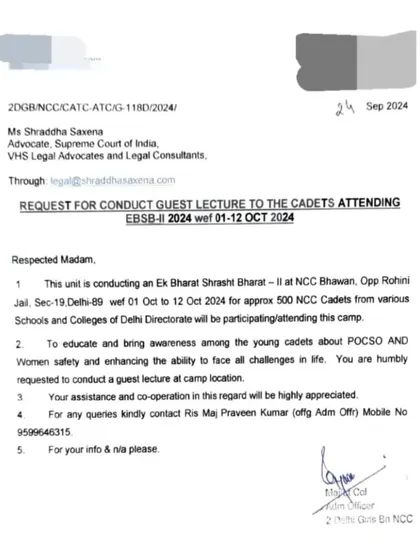 A formal request from the NCC to conduct a guest lecture for cadets on POCSO and Women's Safety, enhancing their ability to face challenges in life.