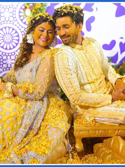 Haldi on fleek, love even more so. A beautiful, intimate portrait of the couple during their Haldi ceremony.