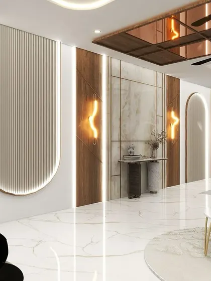 A render of a grand hallway with modern wall panels featuring curved, backlit cutouts and neon light accents. The reflective ceiling and marble floors enhance the sense of space and luxury.