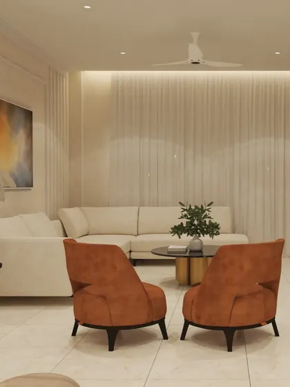 Another view of "The Beige House" living room, focusing on the L-shaped sofa and the soft, indirect lighting. The design uses a combination of recessed lights and sheer curtains to create a cozy and inviting ambiance.