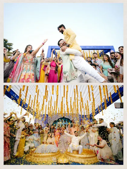 A collage capturing the high energy of the Haldi ceremony. From the groom being lifted by his friends to the entire group celebrating, it’s all about joy.