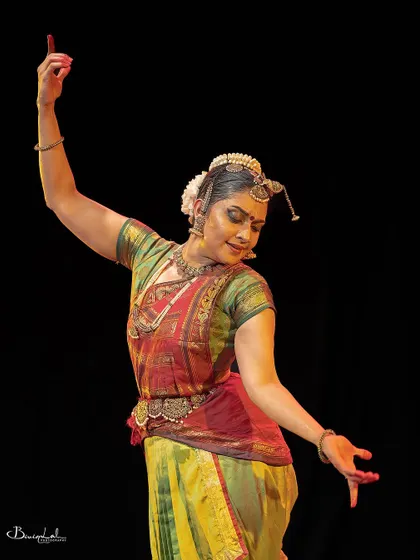 A graceful and fluid posture, embodying the elegance of the Bharatanatyam style.