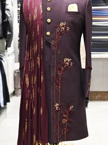 Another angle of the wine-colored Indo-Western outfit, showcasing its unique silhouette.