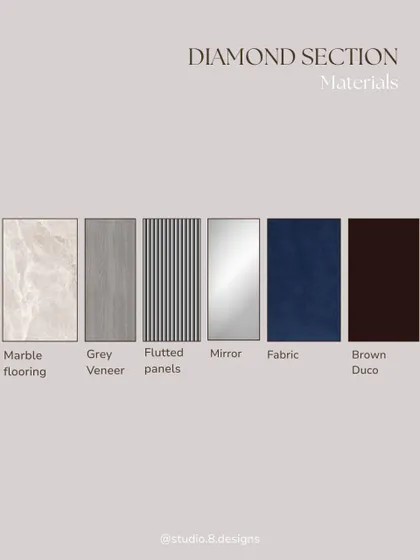 The material palette for the diamond section, clearly laying out our choices of marble flooring, grey veneer, fluted panels, and rich blue fabric. This is a key step in ensuring a cohesive design.