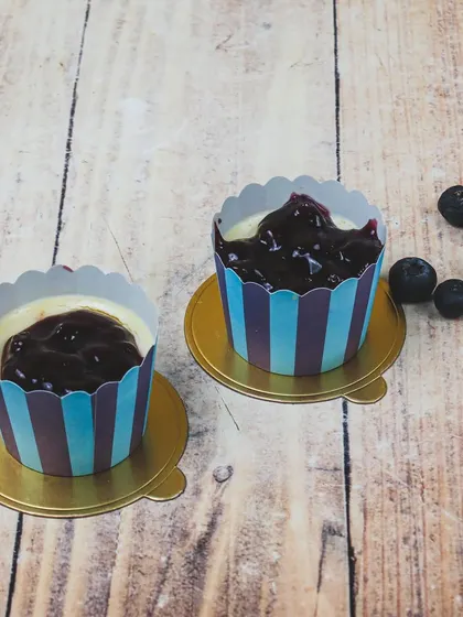 Another option for my cheesecake cups is the classic blueberry topping. These individual desserts are great for events where you want an easy-to-serve, high-quality treat.
