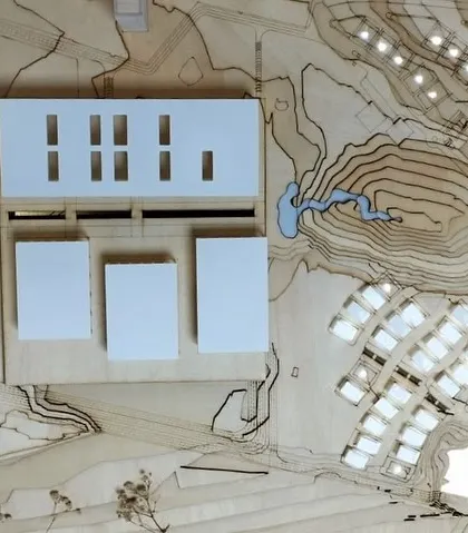 This physical model of the Telangana High Court site shows our master planning approach. We carefully studied the topography and existing features, using the model to test how the building volumes, residential zones, and water bodies would interact to create a cohesive and harmonious campus.
