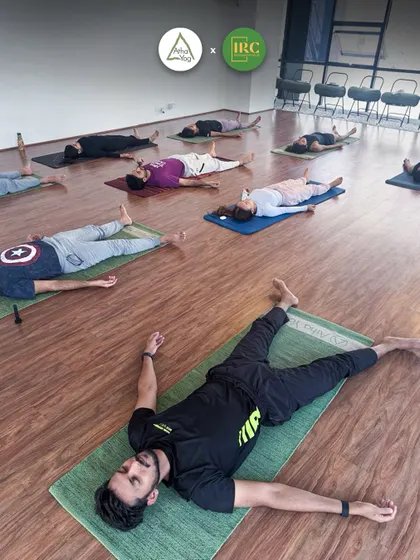 A shot of our restorative yoga session for runners, in collaboration with the Indiranagar Run Club. Here, participants are in Savasana (Corpse Pose), allowing their bodies to rest and recover after their run.
