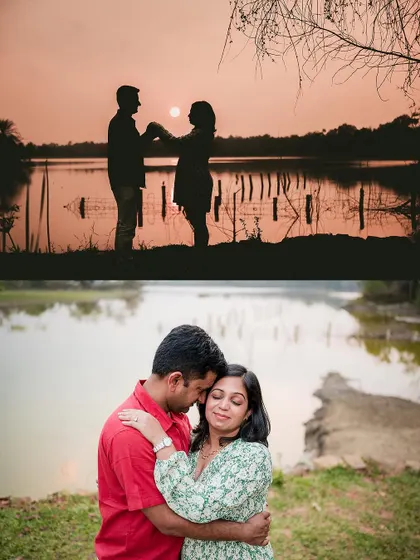 A collage showing a romantic silhouette at sunset and an intimate embrace by the lake. We use natural light to create stunning and emotional couple portraits.