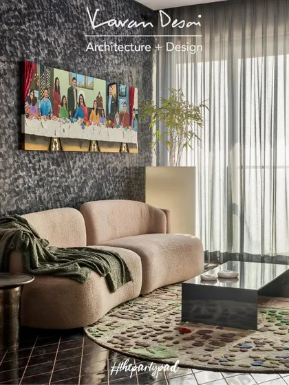 This is the living room for "The Party Pad." We went with a dark, cozy color palette and a custom art piece depicting our version of The Last Supper. The ceiling is a backlit vinyl that can change colors to set the mood for any party.