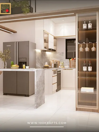 An overview of the open-plan transitional kitchen, showing the breakfast bar, main counter, and a dedicated wine and glass storage unit, perfect for entertaining.