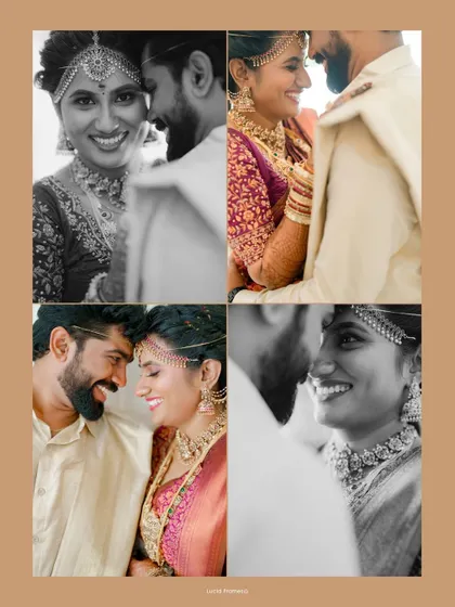A collage of close-up portraits, mixing color and black-and-white to showcase the couple's emotions.