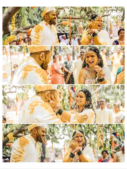 A collage of candid moments from the Haldi ceremony. It shows the couple's playful interactions as they apply turmeric paste to each other, surrounded by laughing family.