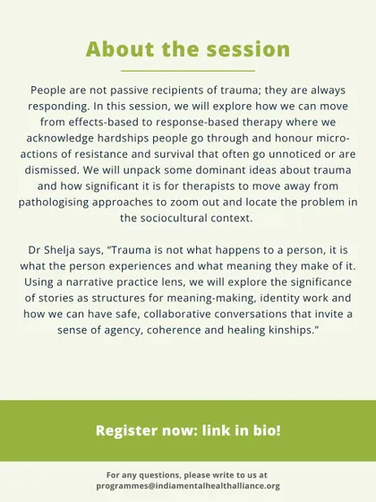 This graphic provides details about our training session on responding to trauma. We explore how to move away from pathologizing approaches and locate problems in their sociocultural context, using stories to foster healing.