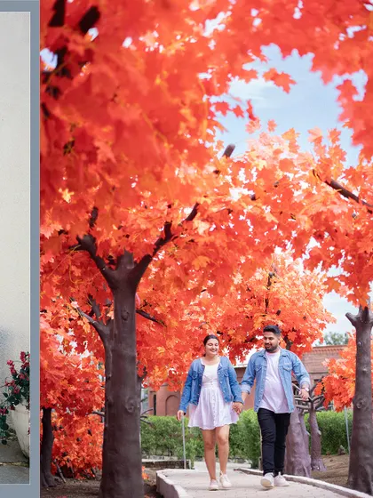 A vibrant pre-wedding photo of a couple walking through a path lined with bright orange autumn trees, creating a unique and colorful scene.