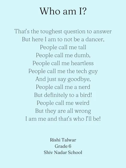 "I am me and that's who I'll be!" A powerful poem of self-acceptance from a 6th-grade student in the 'Unearth' program. This is the taste of freedom and confidence we aim to cultivate in every child.