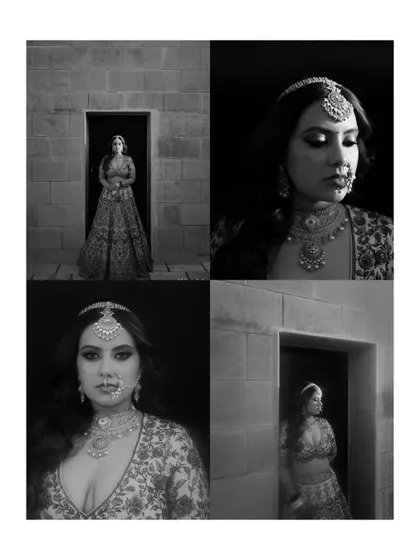 A collection of black and white bridal portraits. This artistic collage focuses on mood, light, and shadow to create a series of dramatic and beautiful images.