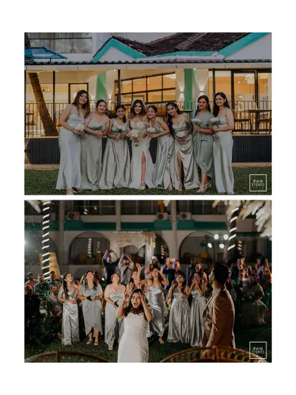 A collage showing the bride with her bridesmaids and the fun bouquet toss, capturing the joy and friendship of the day.