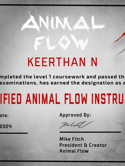 We're proud to announce our trainer Keerthan is now a Certified Animal Flow Instructor. Our team is always leveling up their skills to bring you the best.