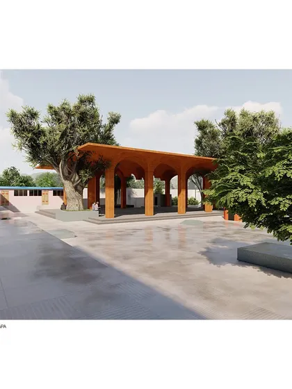 Another view of the proposed Sabha Mandapa, showing how the new structure is designed to feel light and integrated with the existing temple courtyard.