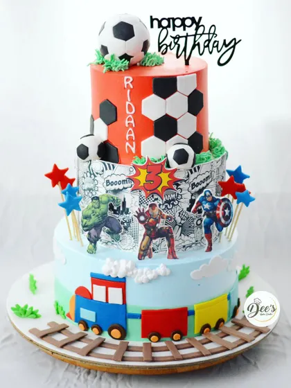 A full view of the mixed-theme cake, showing how all the different elements come together in a fun and cohesive design.