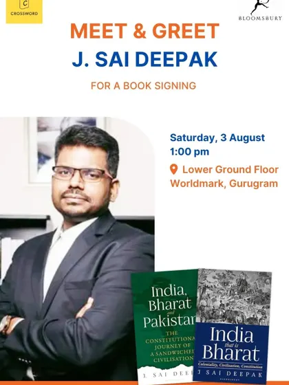 An announcement for a meet and greet and book signing event in Gurugram, organized by Crossword and Bloomsbury.