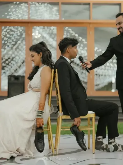 The couple's first dance and speeches are key moments. We designed a personalized stage with a vintage backdrop for Hema and Karthik's cocktail night, ensuring these memories were beautifully framed.