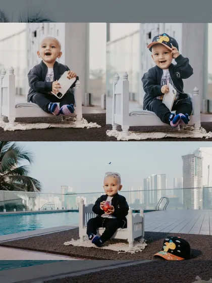 This collage captures multiple happy moments from a modern poolside photoshoot in Mumbai, complete with a miniature bed prop.