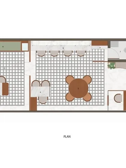 **On The Grid, Ahmedabad:** The floor plan for this travel agency office is based on a strict grid, which informs everything from the flooring to the furniture layout. This minimalist approach, using white marble and gray terrazzo, creates a clean, organized, and spacious feel.