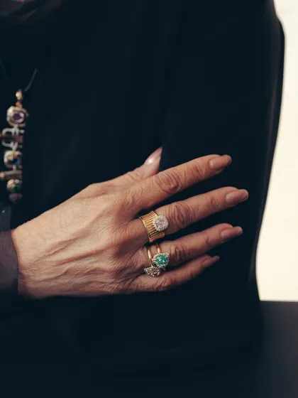 A closer look at the details. Here, the art deco inspired rings and the striking Décoratifs Stack Pendant showcase a playful mix of semi-precious gemstones and timeless design.