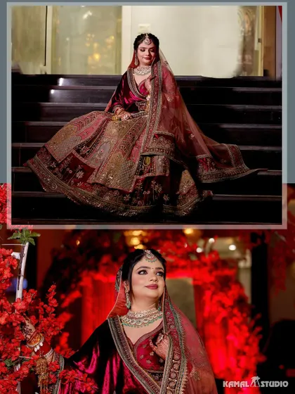 A collage of the bride in her deep red velvet lehenga, capturing her regal and elegant poses.