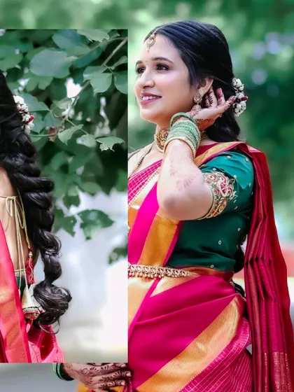 This collage highlights the intricate details of the mother's traditional look, from her braided hair adorned with flowers to her joyful expression during the baby shower.