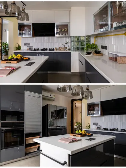 A collage from a press feature, showcasing the stylish and functional kitchen with its industrial pendant lights, island seating, and smart storage solutions like the built-in ovens and appliance garage.