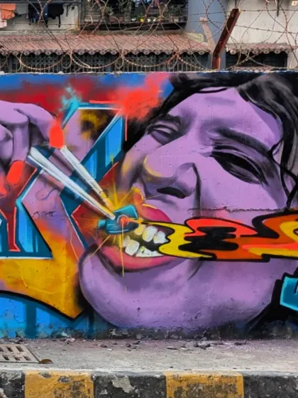A closer look at the character from the Stylebound wall. The chopsticks and flaming letters are a nod to my 'Masala Style'.