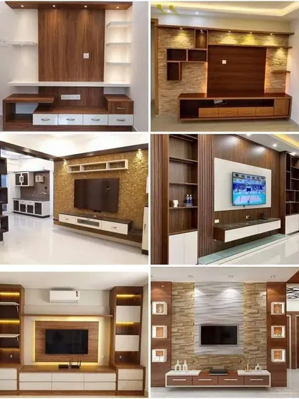 More examples of my custom TV and entertainment unit designs, featuring different wood finishes, stone cladding, and integrated lighting.