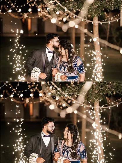 A romantic diptych of the couple at their outdoor reception, sharing a kiss and a loving look under a canopy of lights.