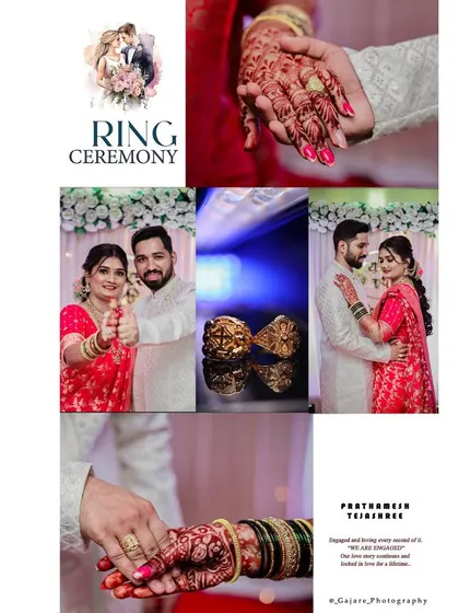 A comprehensive collage of a ring ceremony, including couple portraits, ring details, and hand-holding shots.