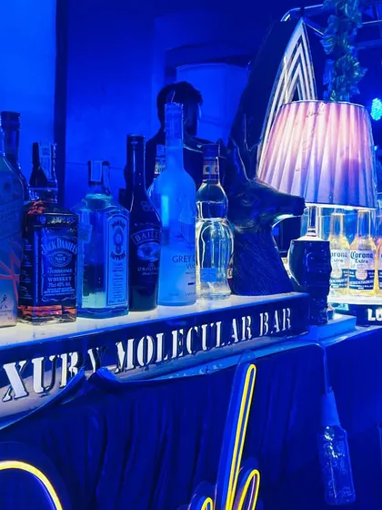 A close-up of the spirits and decor on our blue-lit futuristic bar, showcasing the sleek and modern aesthetic.