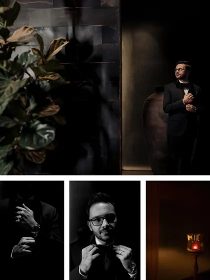 A collage of moody and stylish portraits of the groom getting ready for his Sangeet or Cocktail night, captured with dramatic lighting.