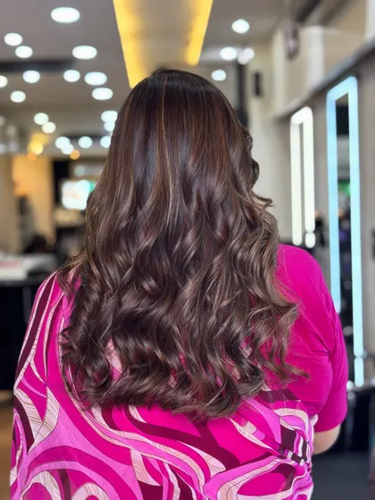 The back view of the Chocolate Mocha Mousse, styled into soft, elegant waves.