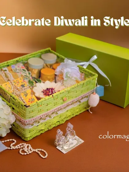 An open view of the lime green hamper, displayed with its matching gift box. This shows how we create a complete and cohesive gifting package.