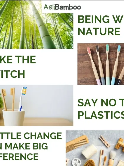 A motivational graphic encouraging the switch to sustainable personal care items. It shows how small changes, like choosing bamboo toothbrushes and combs over plastic, can make a big difference for our planet.